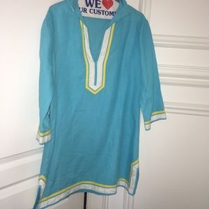 Linen turquoise, white and yellow top